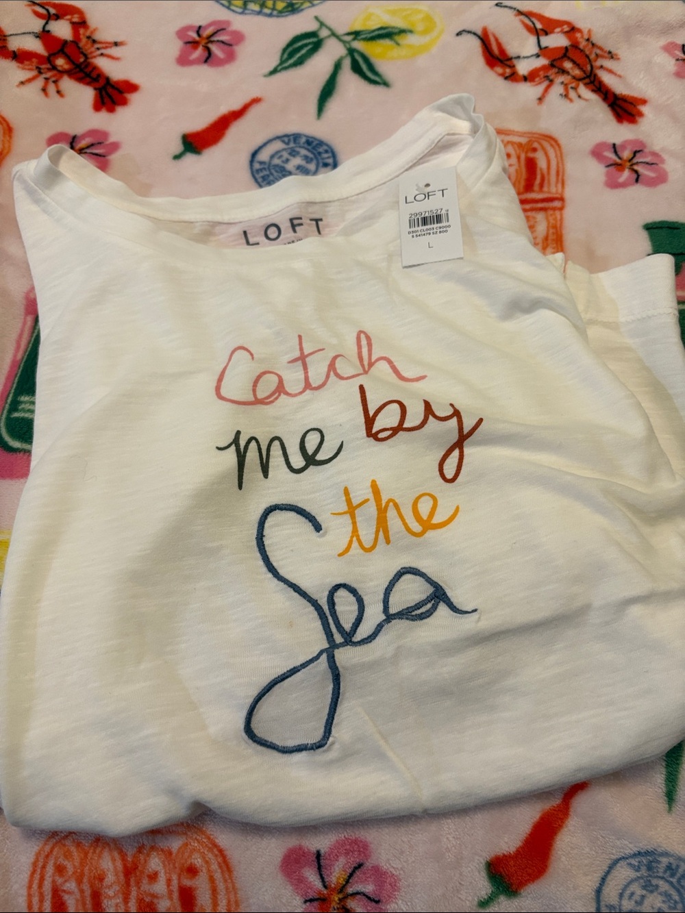 LOFT  "Catch Me by the Sea" White Graphic Tee NWT Large